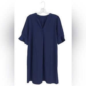 Women’s Large Navy Blue Sheath Dress – V-Neck Ruffle Sleeve Versatile Classic